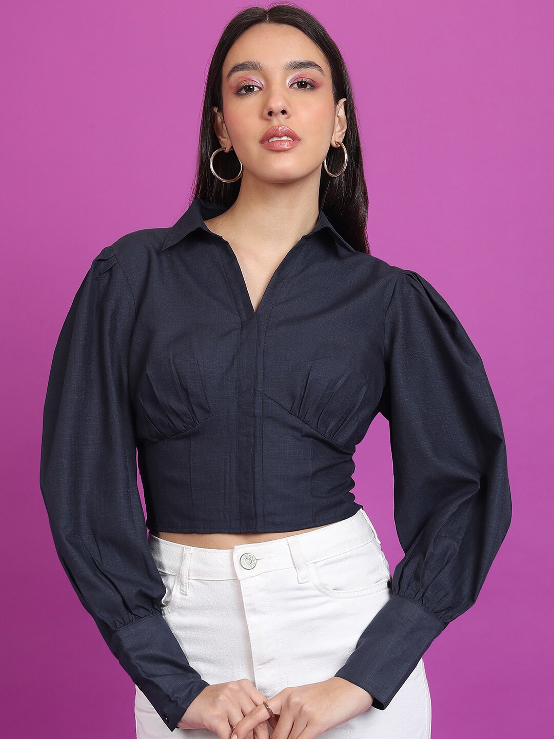 Tokyo Talkies Navy Blue Cuffed Sleeves Shirt Style Crop Top
