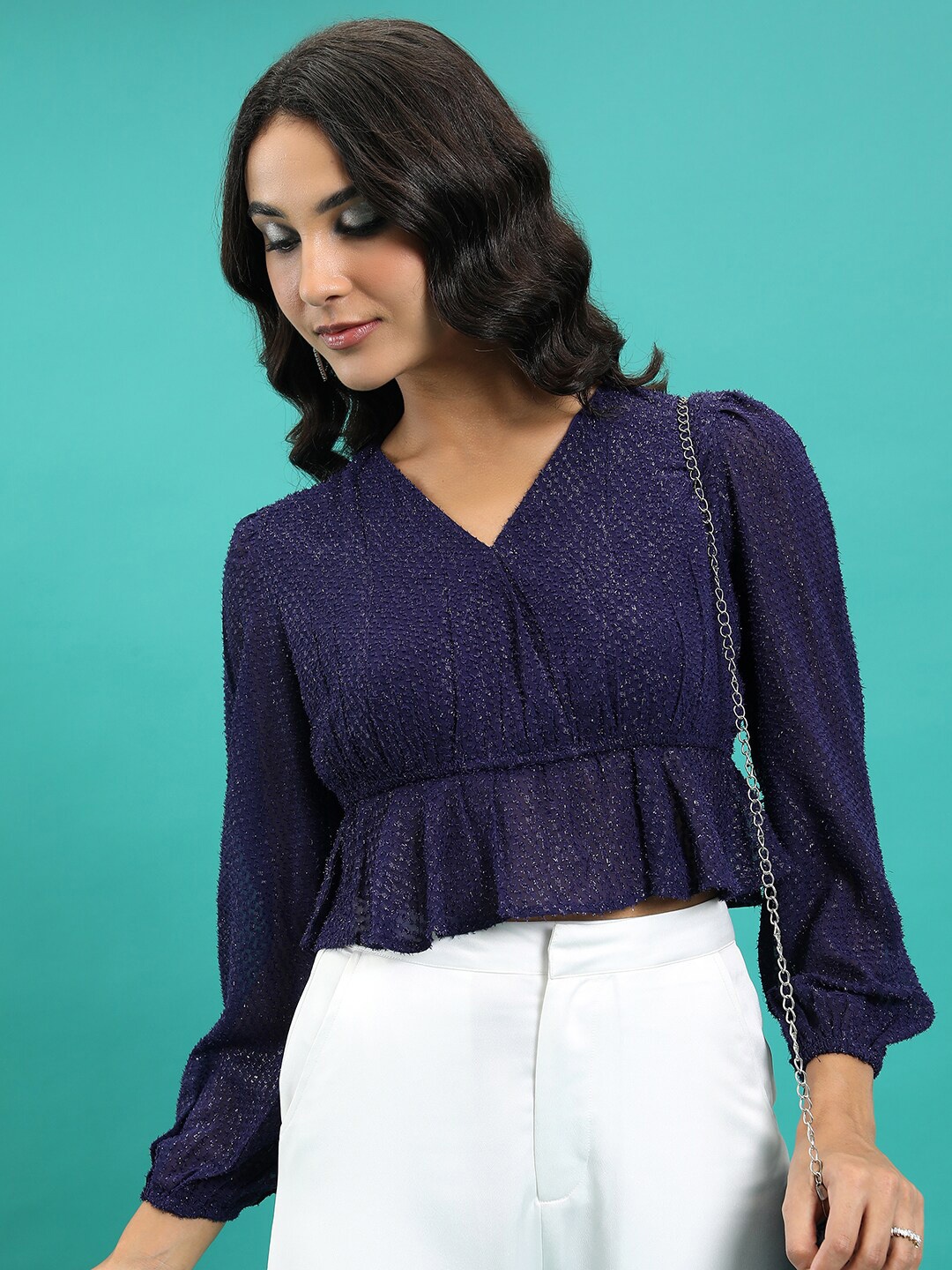 

Tokyo Talkies Self Design V-Neck Puff Sleeve Peplum Crop Top, Navy blue