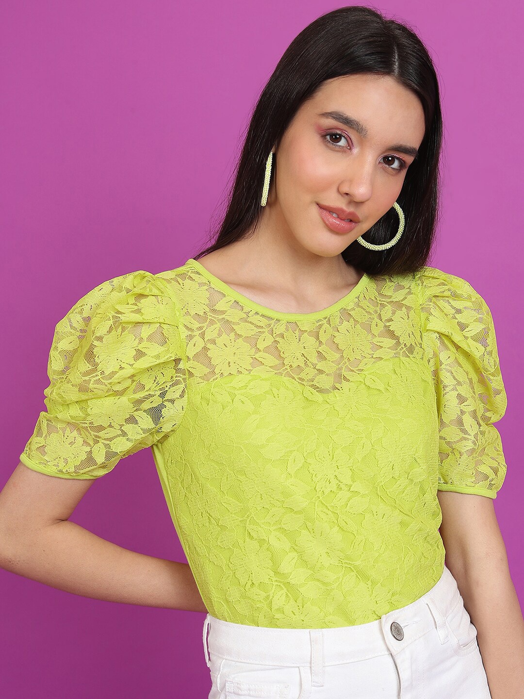 

Tokyo Talkies Green Floral Self Design Puffed Sleeves Top