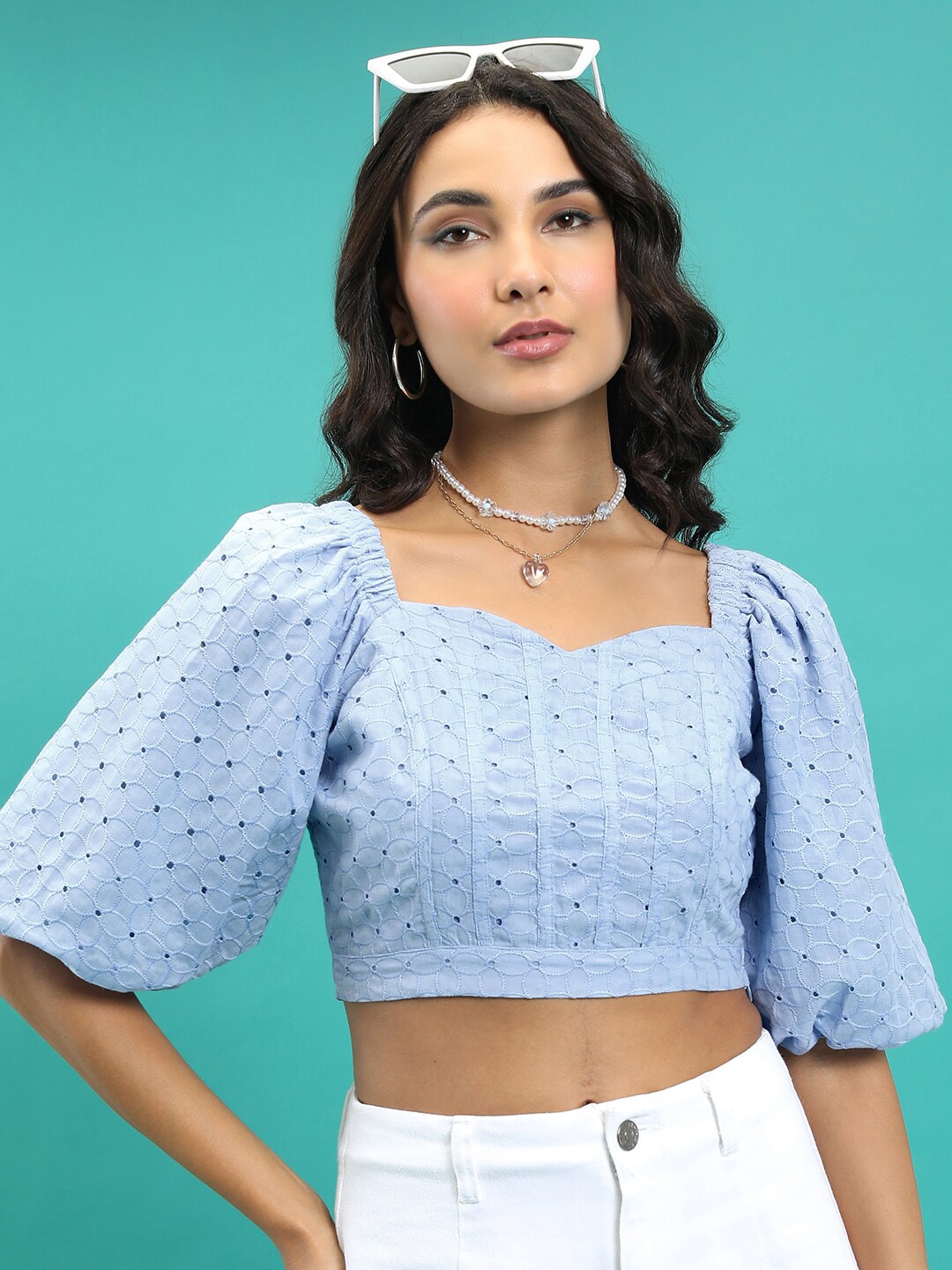 Tokyo Talkies Self Design Puff Sleeves Crop Top, Blue