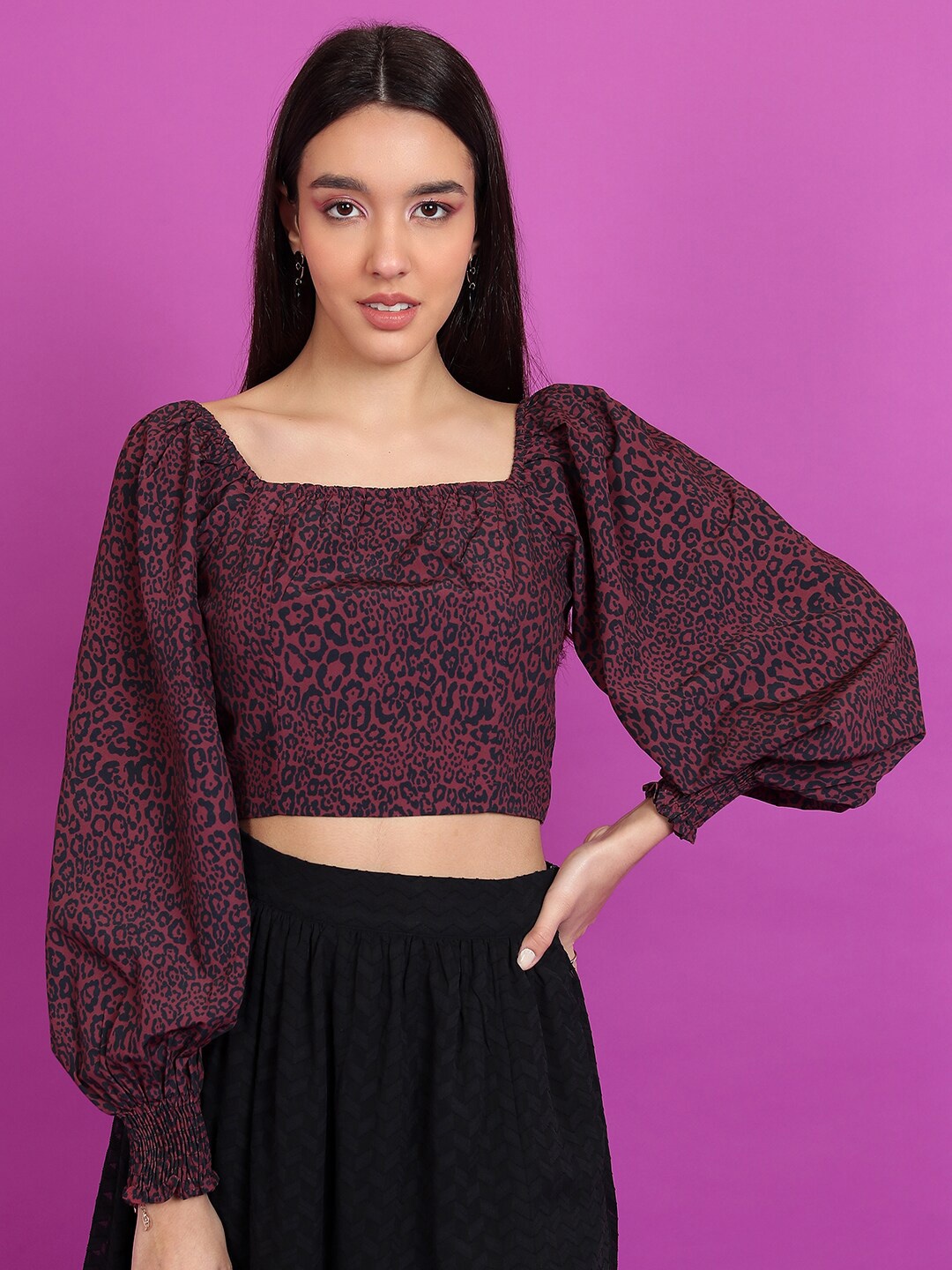 

Tokyo Talkies Animal Printed Smocked Puff Sleeve Crop Top, Burgundy