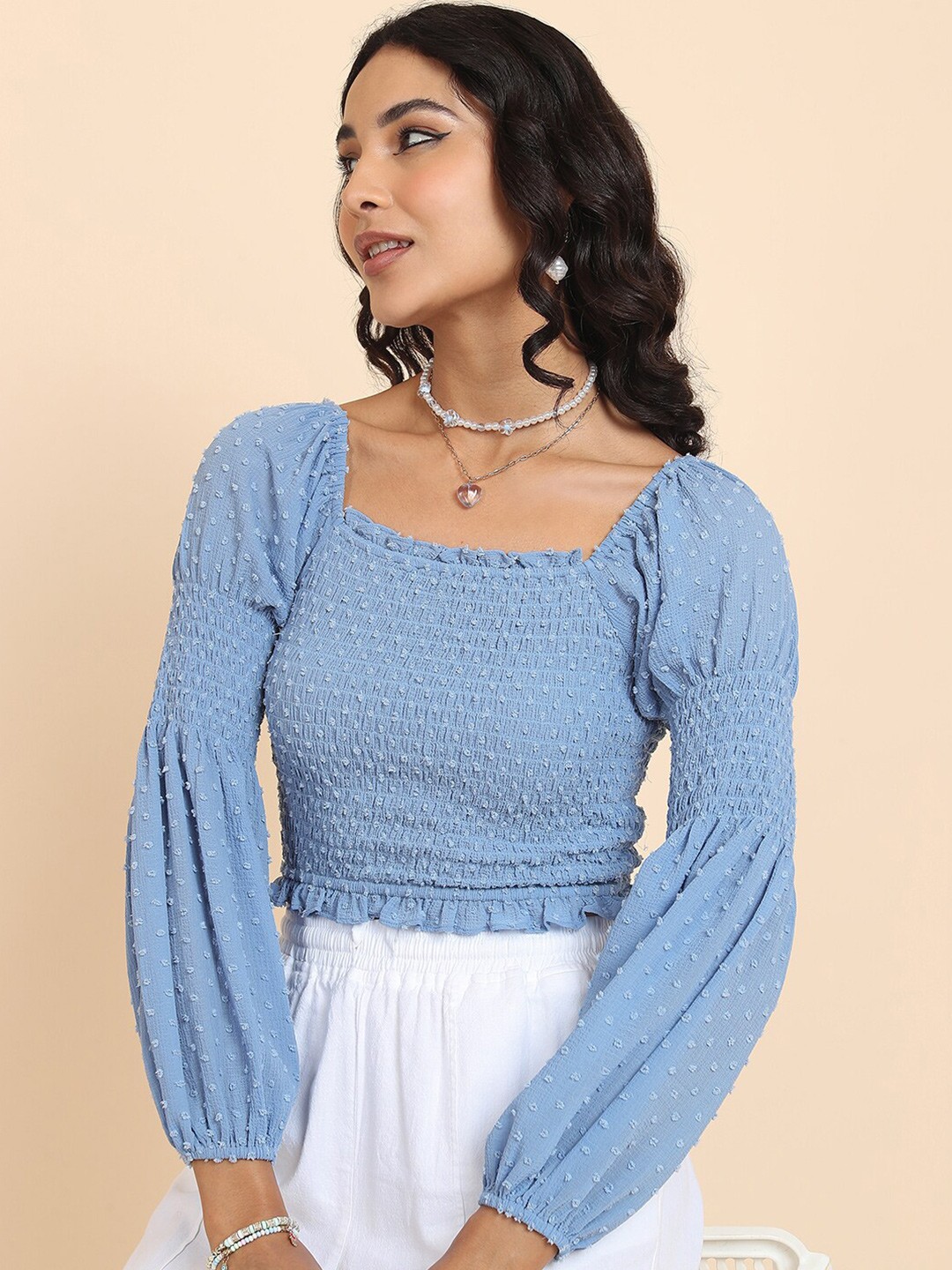 

Tokyo Talkies Blue Self Design Dobby Puff Sleeve Smocked Crop Top