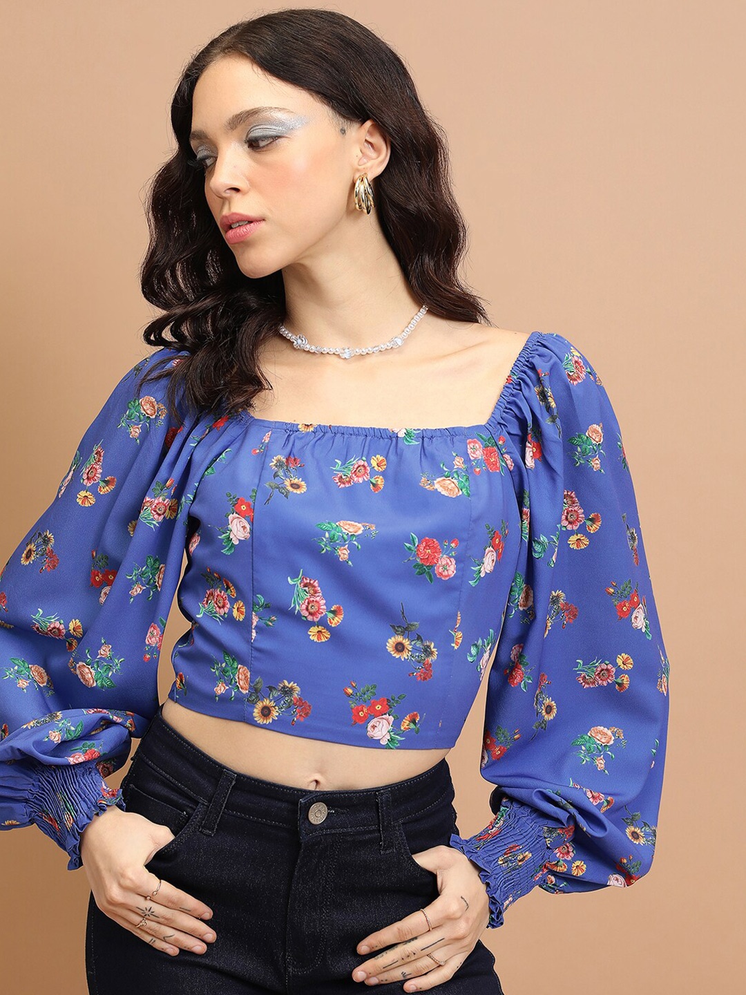 

Tokyo Talkies Floral Printed Puff Sleeves Crop Top, Violet