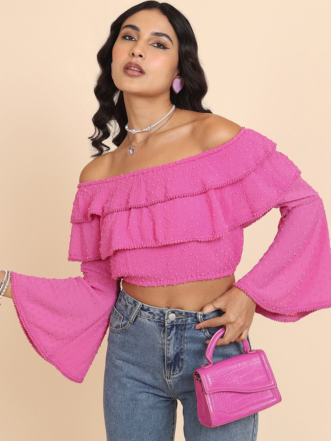 

Tokyo Talkies Pink Self Design Off-Shoulder Bell Sleeve Bardot Crop Top