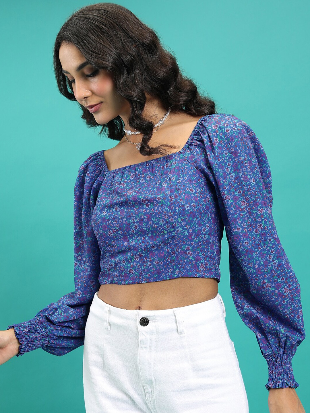 Tokyo Talkies Blue Floral Printed Square Neck Bishop Sleeves Smocked Crop Top