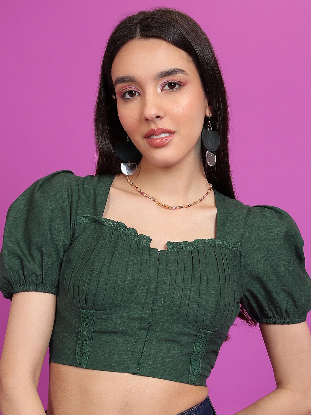 

Tokyo Talkies Puff Sleeves Square Neck Lace Detail Pleated Crop Top, Green