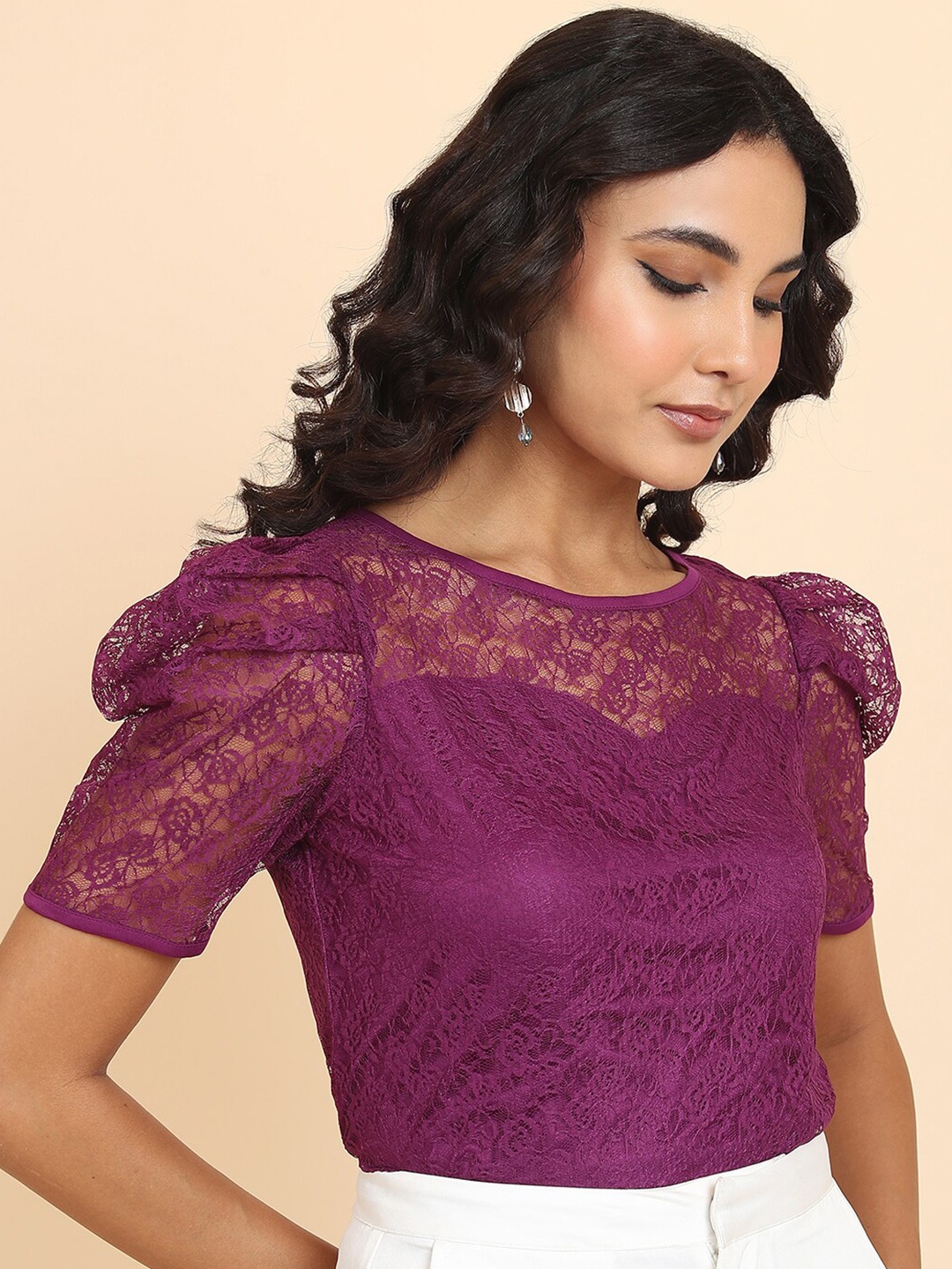 

Tokyo Talkies Purple Floral Self Design Puffed Sleeves Top