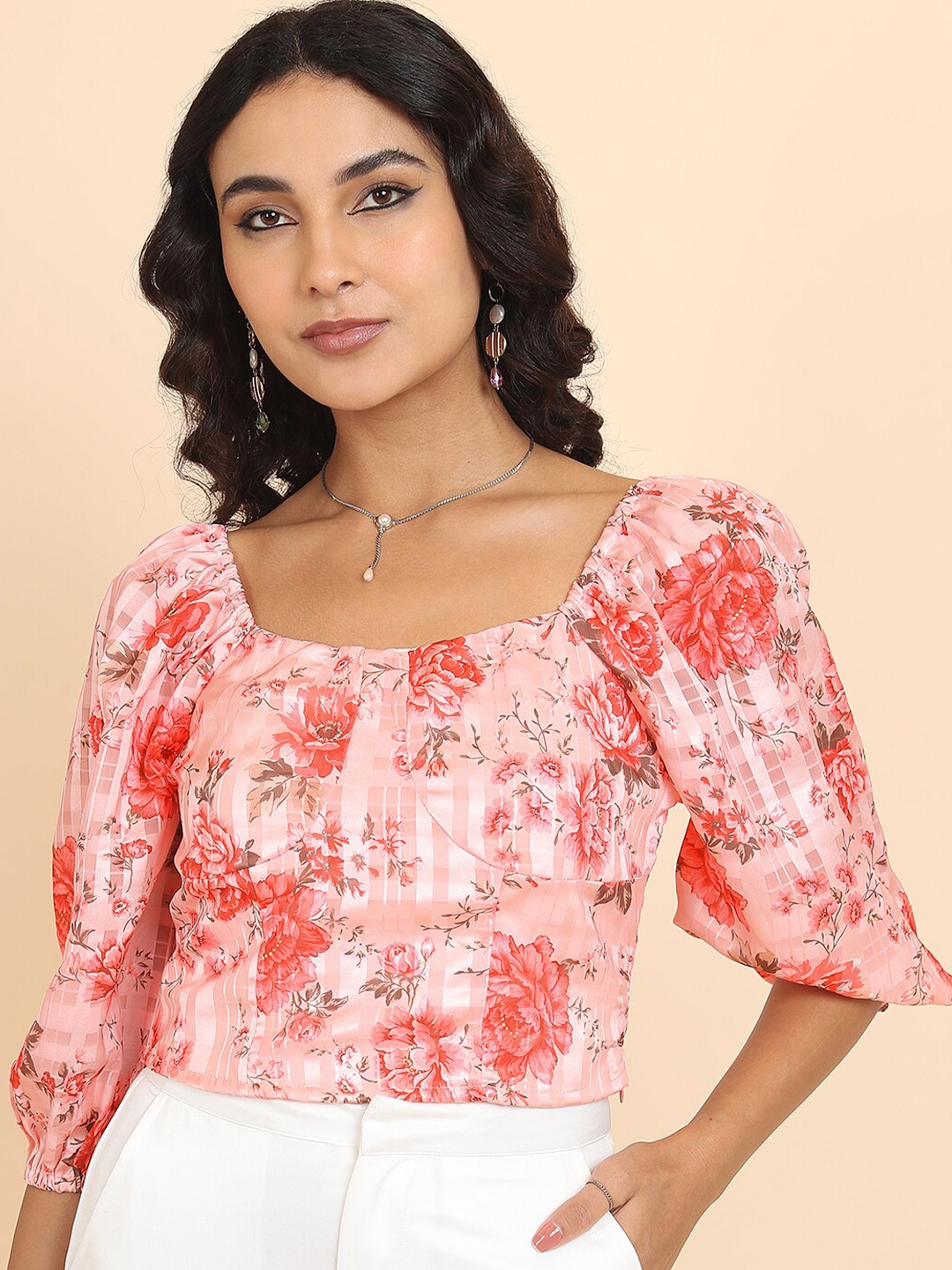 

Tokyo Talkies Pink Floral Printed Puff Sleeve Crop Top