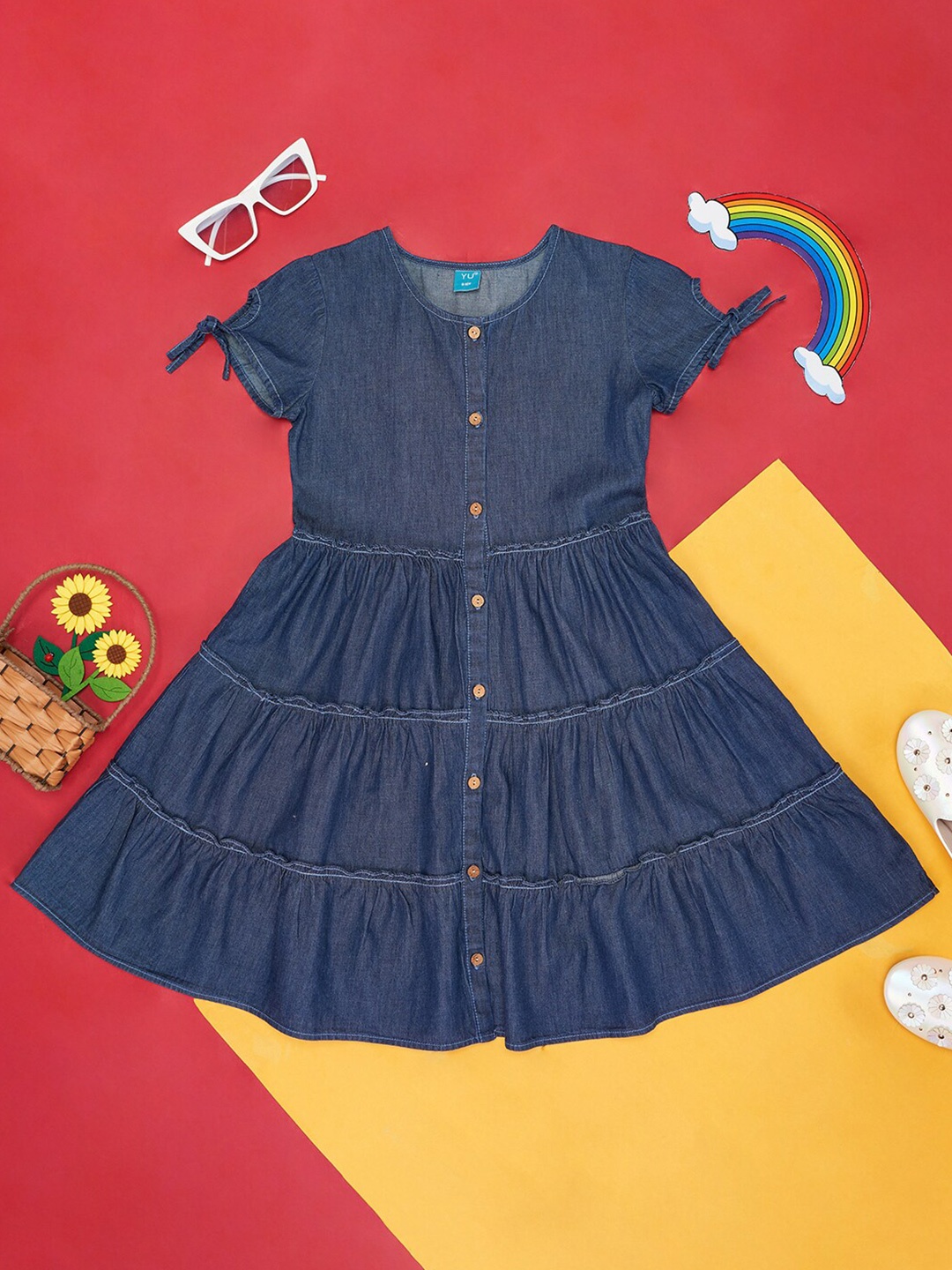 

YU by Pantaloons Girls Pure Cotton Fit and Flare Dress, Blue