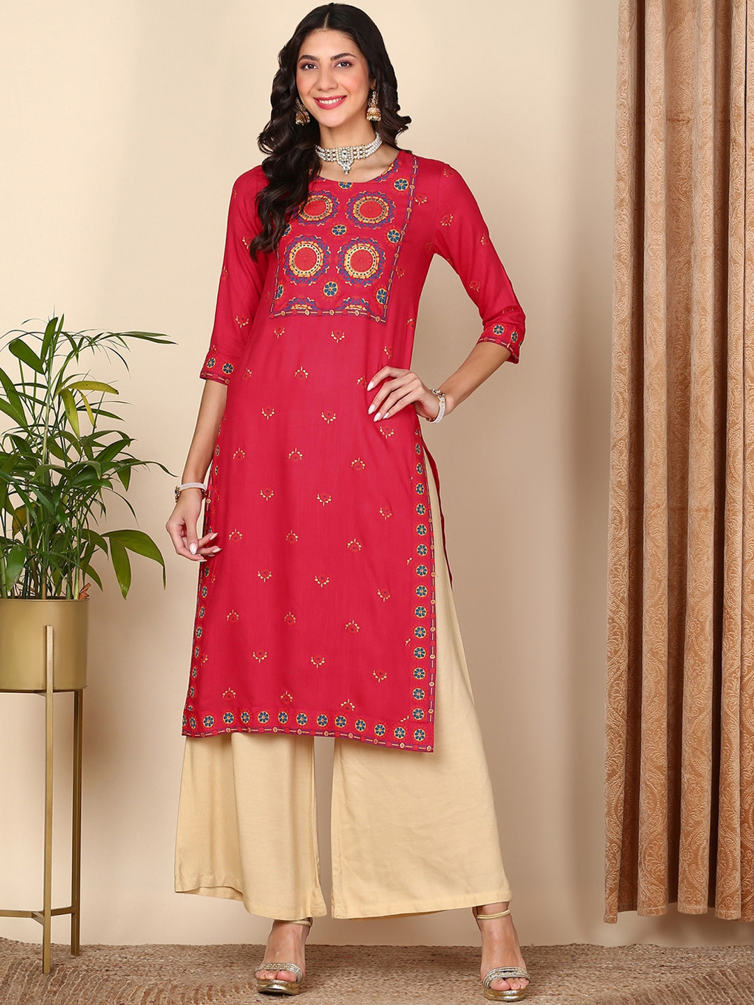 

HERE&NOW Ethnic Motifs Printed Straight Kurta, Blue