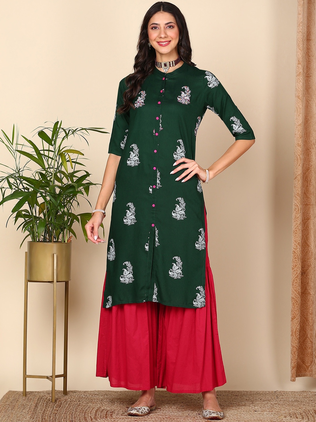 

HERE&NOW Ethnic Motifs Printed Straight Kurta, Green