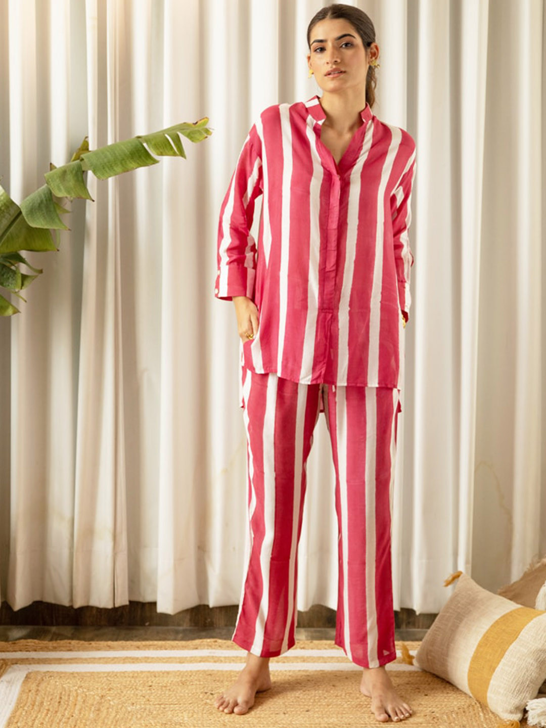 

Kapraaha Striped Pure Cotton Mandarin Collar With Flared Trousers, Fuchsia