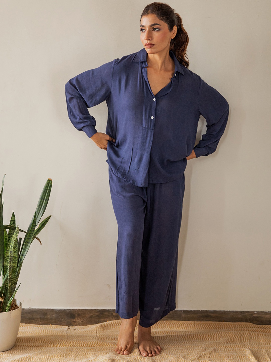 

Kapraaha Pure Cotton Shirt-Collar Shirt With Trousers, Navy blue