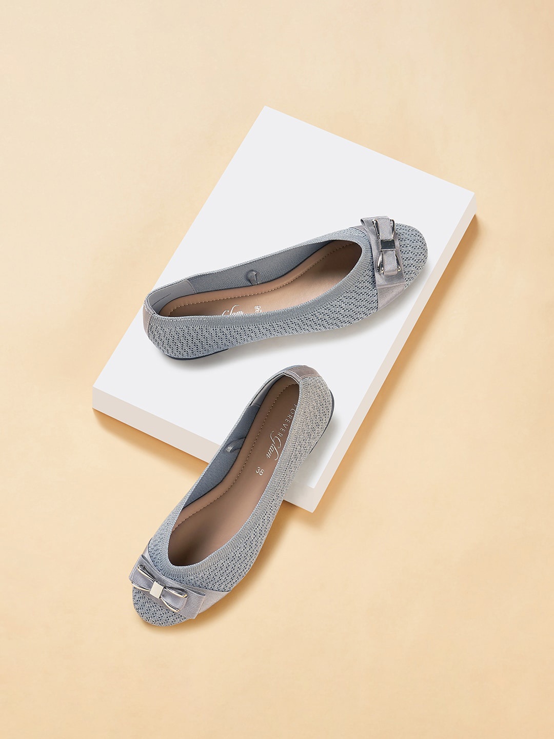 Forever Glam by Pantaloons Textured Bow Detail Ballerinas, Grey