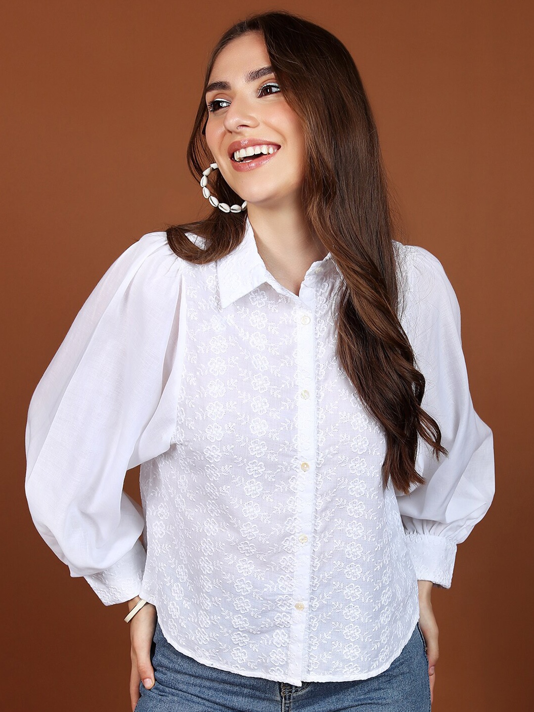 

Vishudh White Floral Embroidered Puff Sleeve Shirt Style Top