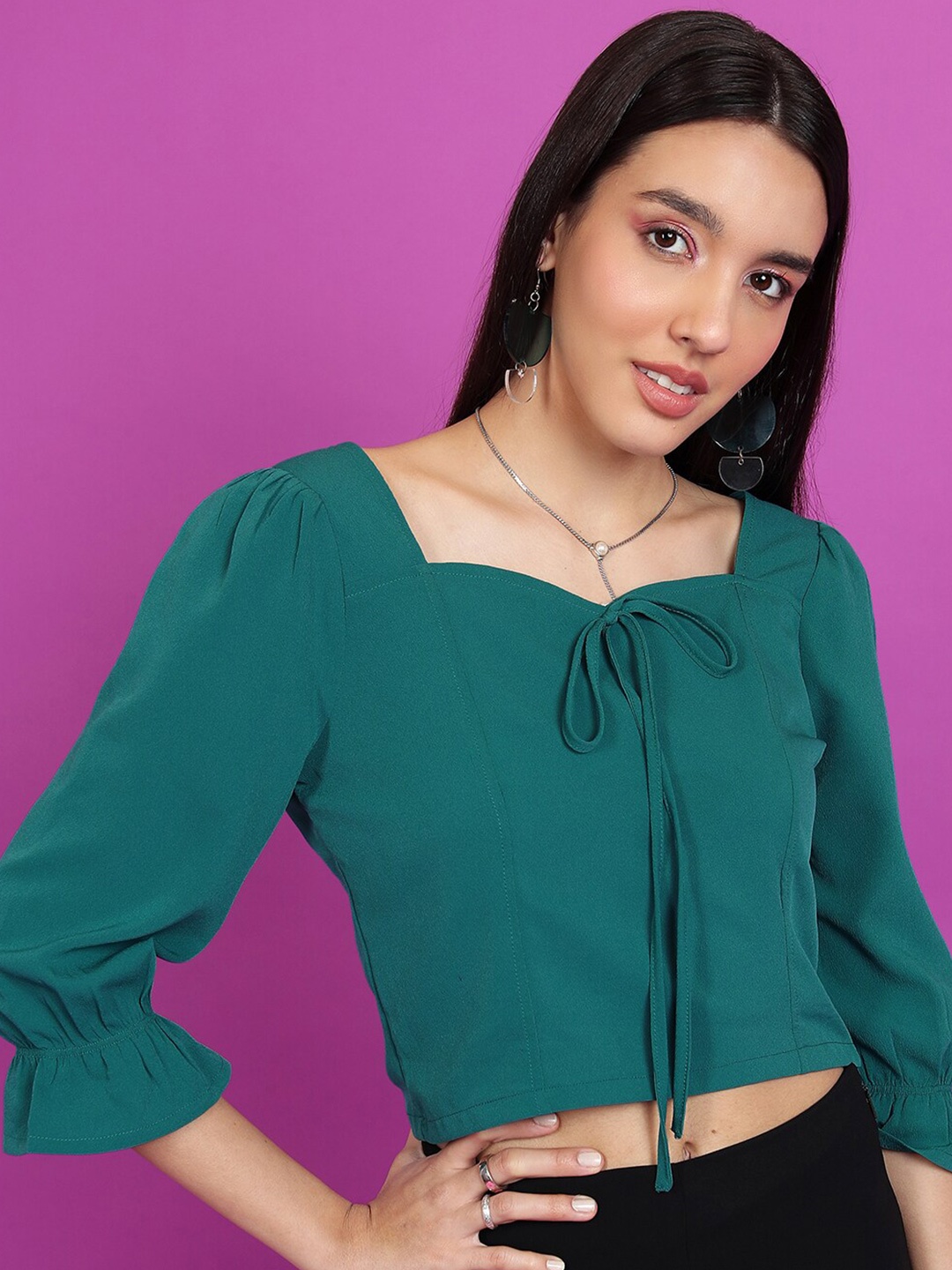 

KETCH Sweetheart Neck Bishop Sleeve Crop Top, Teal