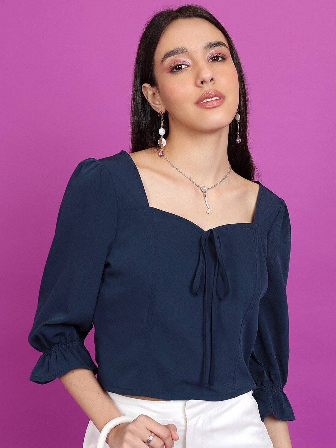 

KETCH Navy Blue Square Neck Bell Sleeve Tie Up Top