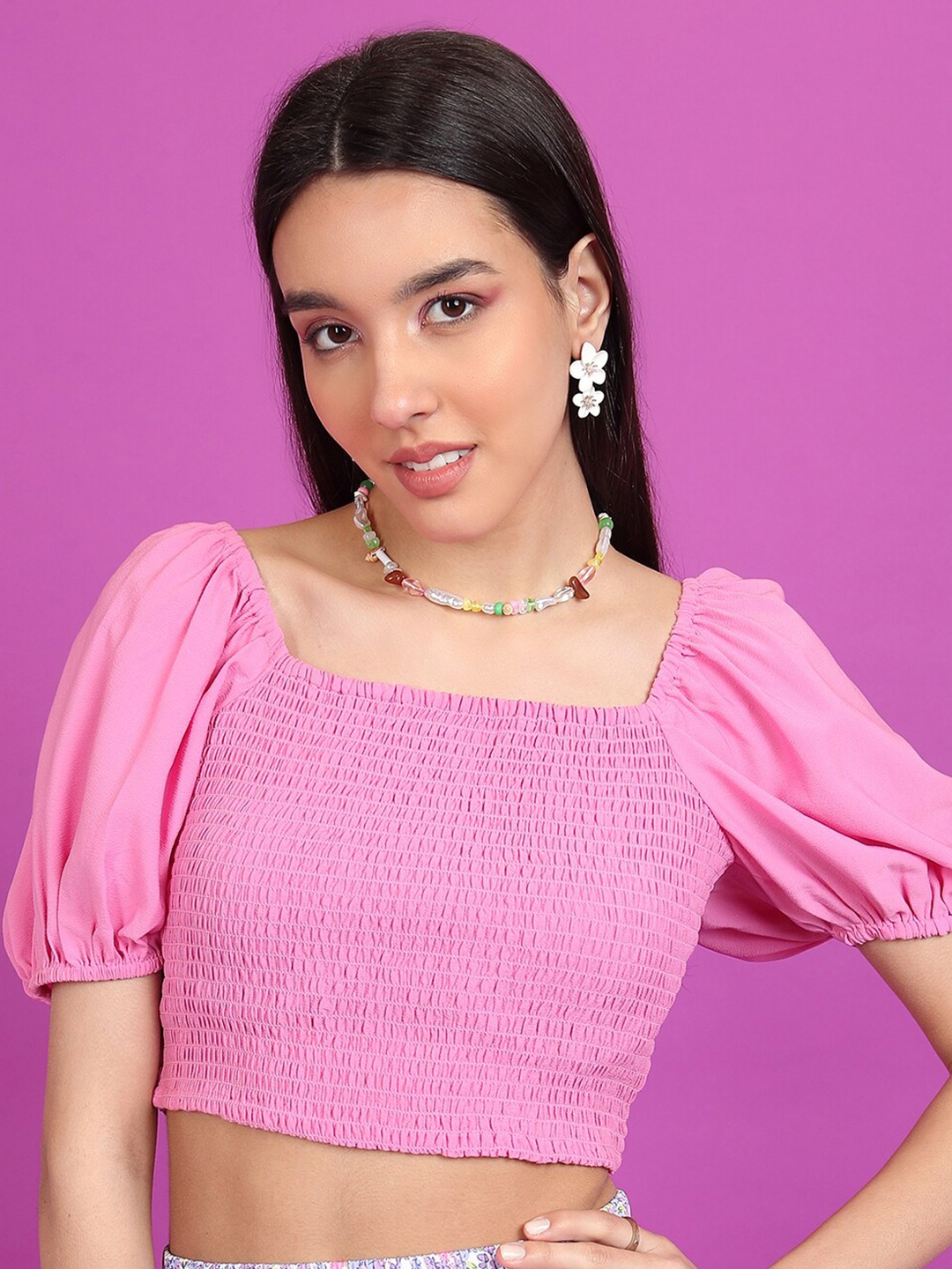 KETCH Pink Square Neck Puff Sleeve Smocked Crop Top