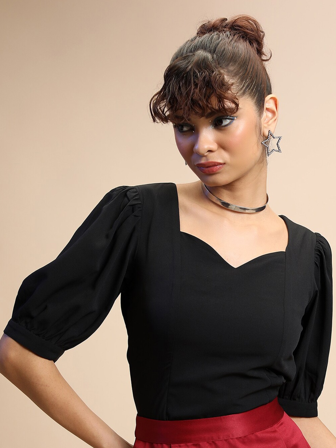 

KETCH Sweetheart Neck Puff Sleeve Cut Out Styled Back Top, Black