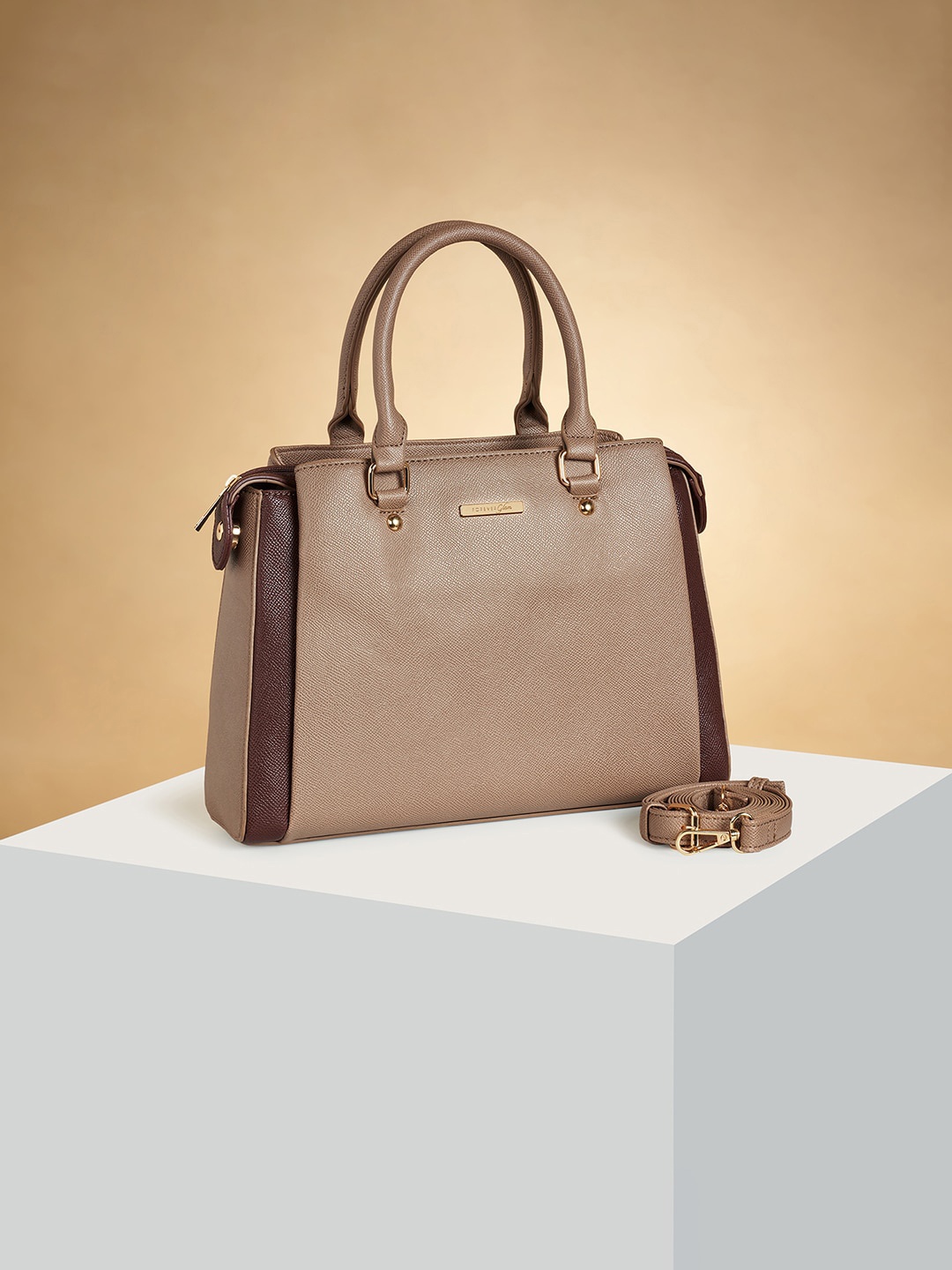 

Forever Glam by Pantaloons Colourblocked PU Structured Handheld Bag, Taupe