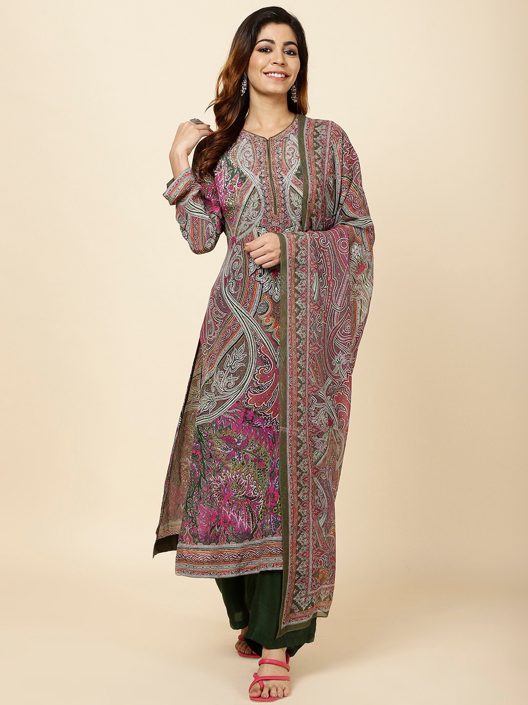 

Meena Bazaar Ethnic Motifs Printed Kurta With Palazzos & Dupatta, Green