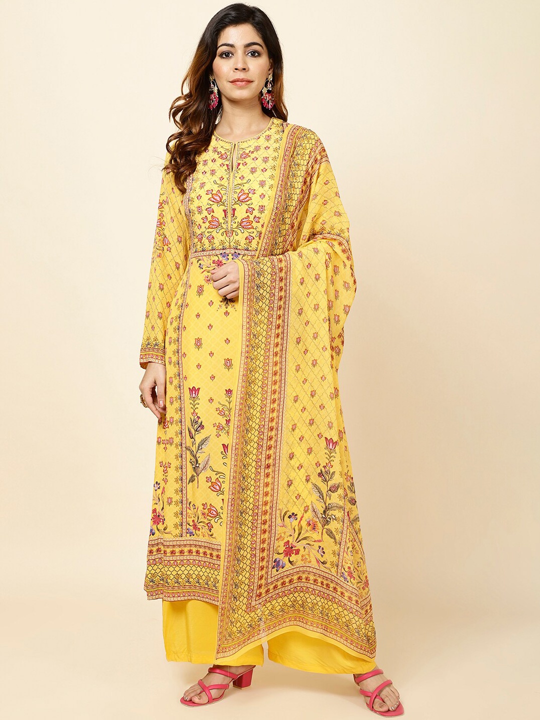 

Meena Bazaar Floral Printed Straight Kurta With Palazzos & Dupatta, Yellow