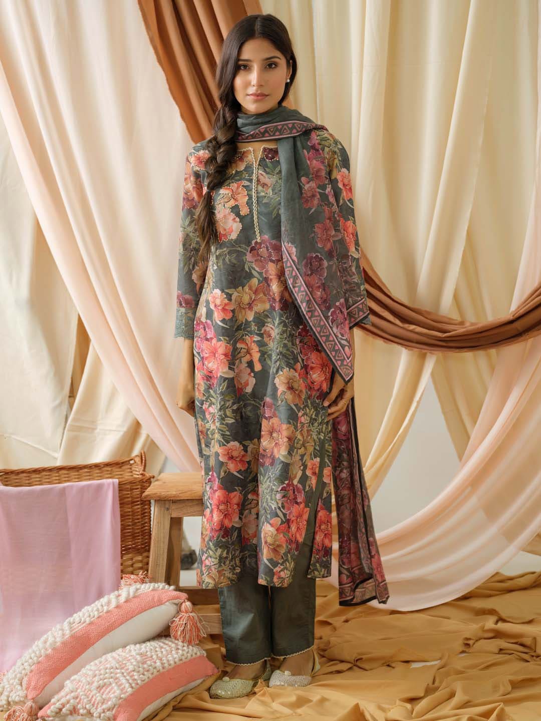 

Meena Bazaar Floral Printed Kurta With Trousers & Dupatta, Green