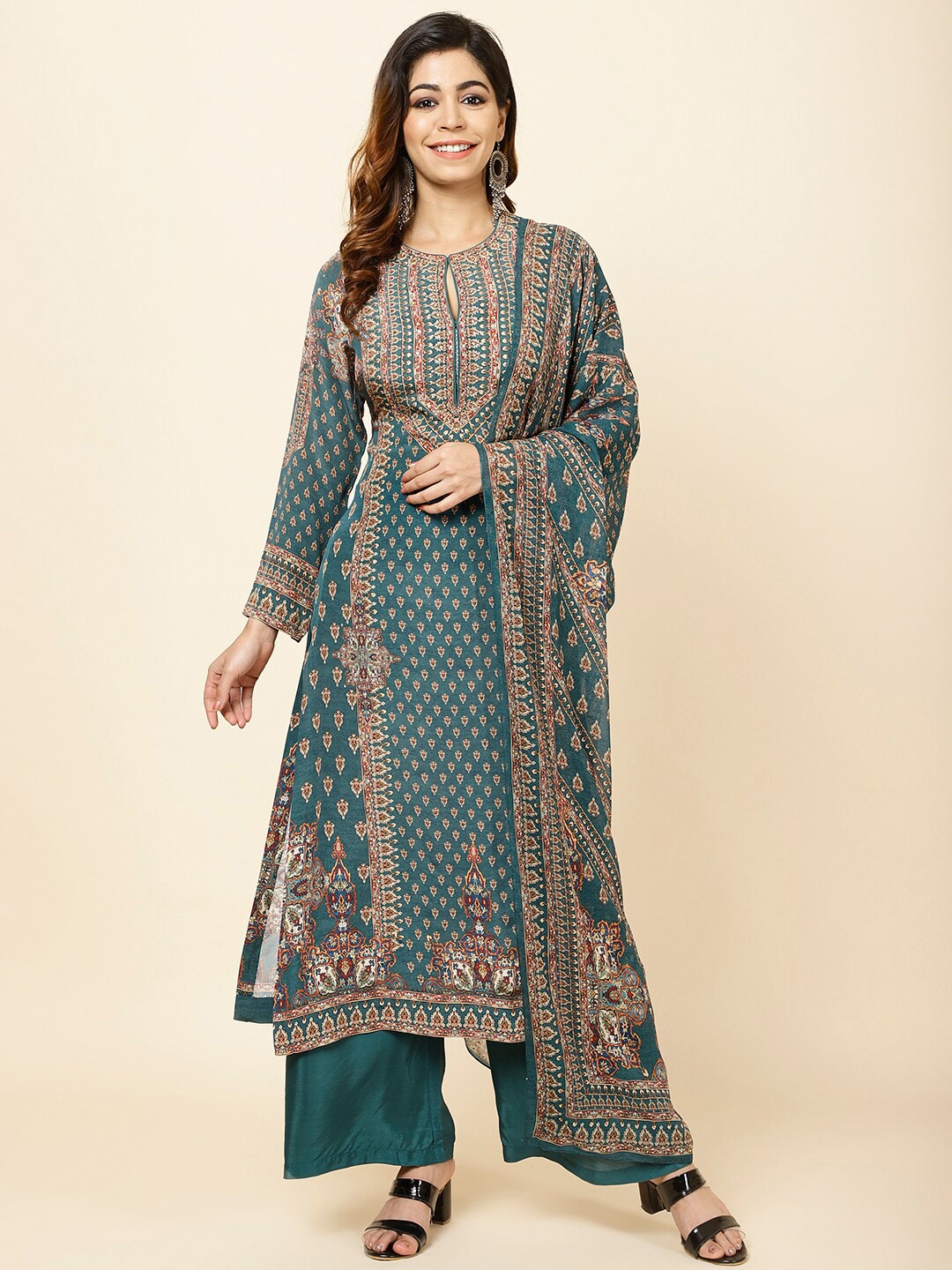 

Meena Bazaar Ethnic Motifs Printed Kurta With Palazzos & With Dupatta, Teal