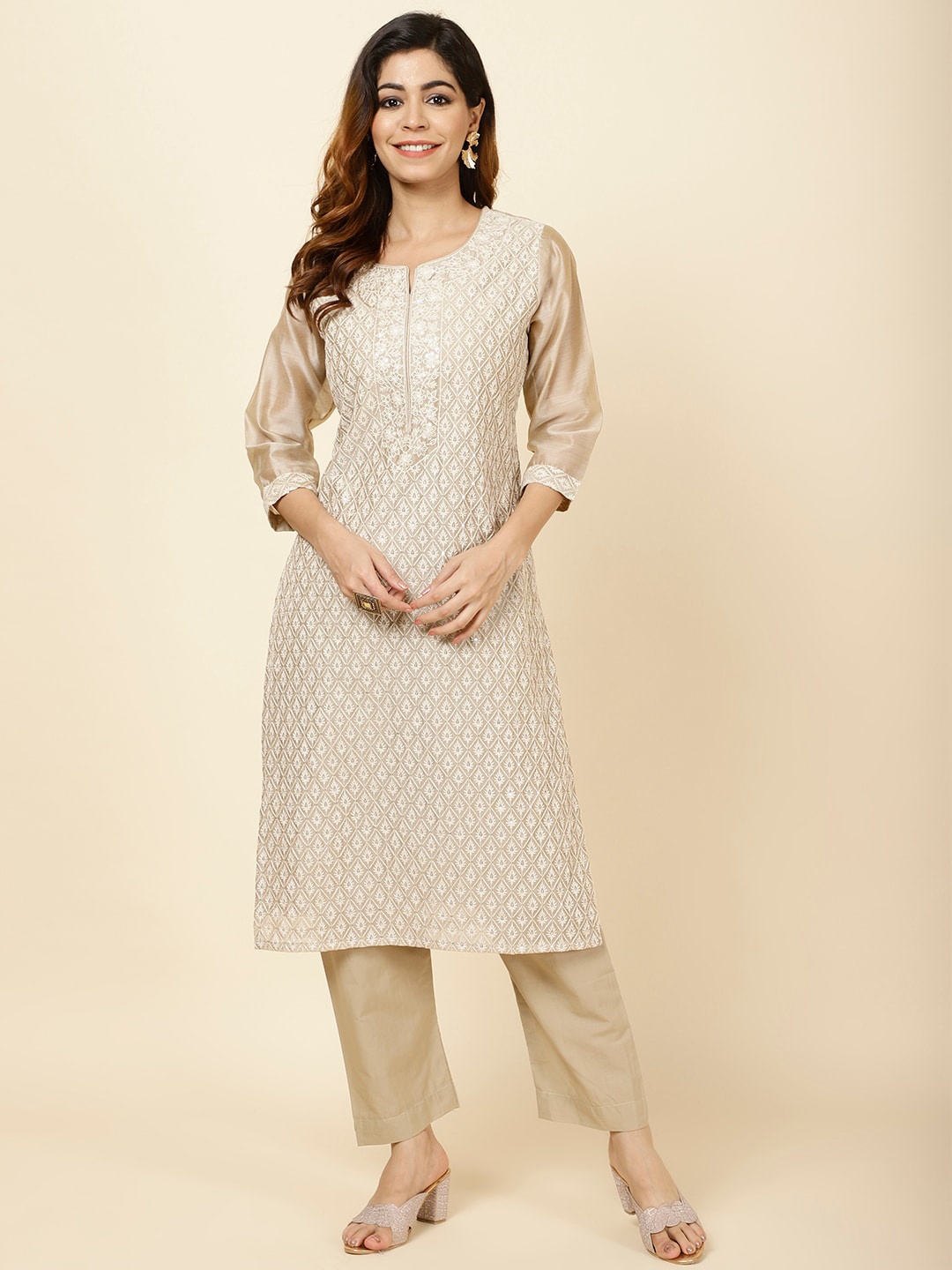 

Meena Bazaar Ethnic Motifs Embroidered Art Silk Kurta With Trousers, Beige