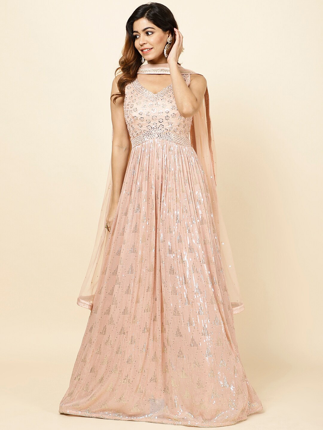 

Meena Bazaar Sequinned Embellished Kurta With Churidar & Dupatta, Peach