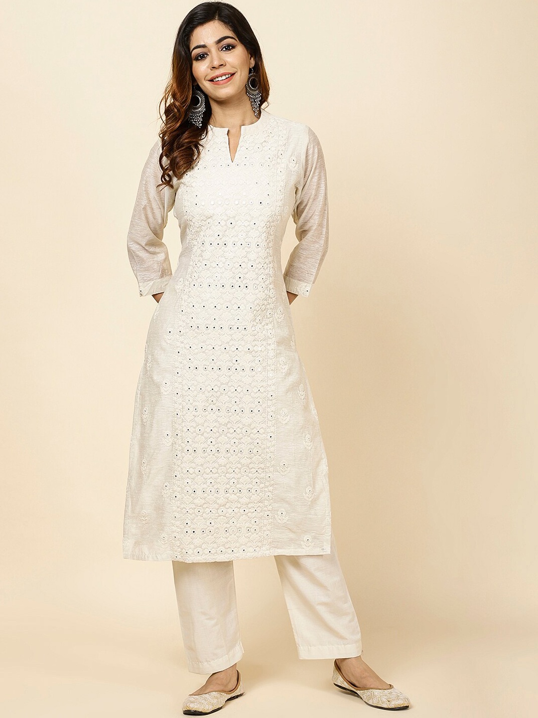 Meena Bazaar Ethnic Motifs Embroidered Kurta With Trousers, Cream