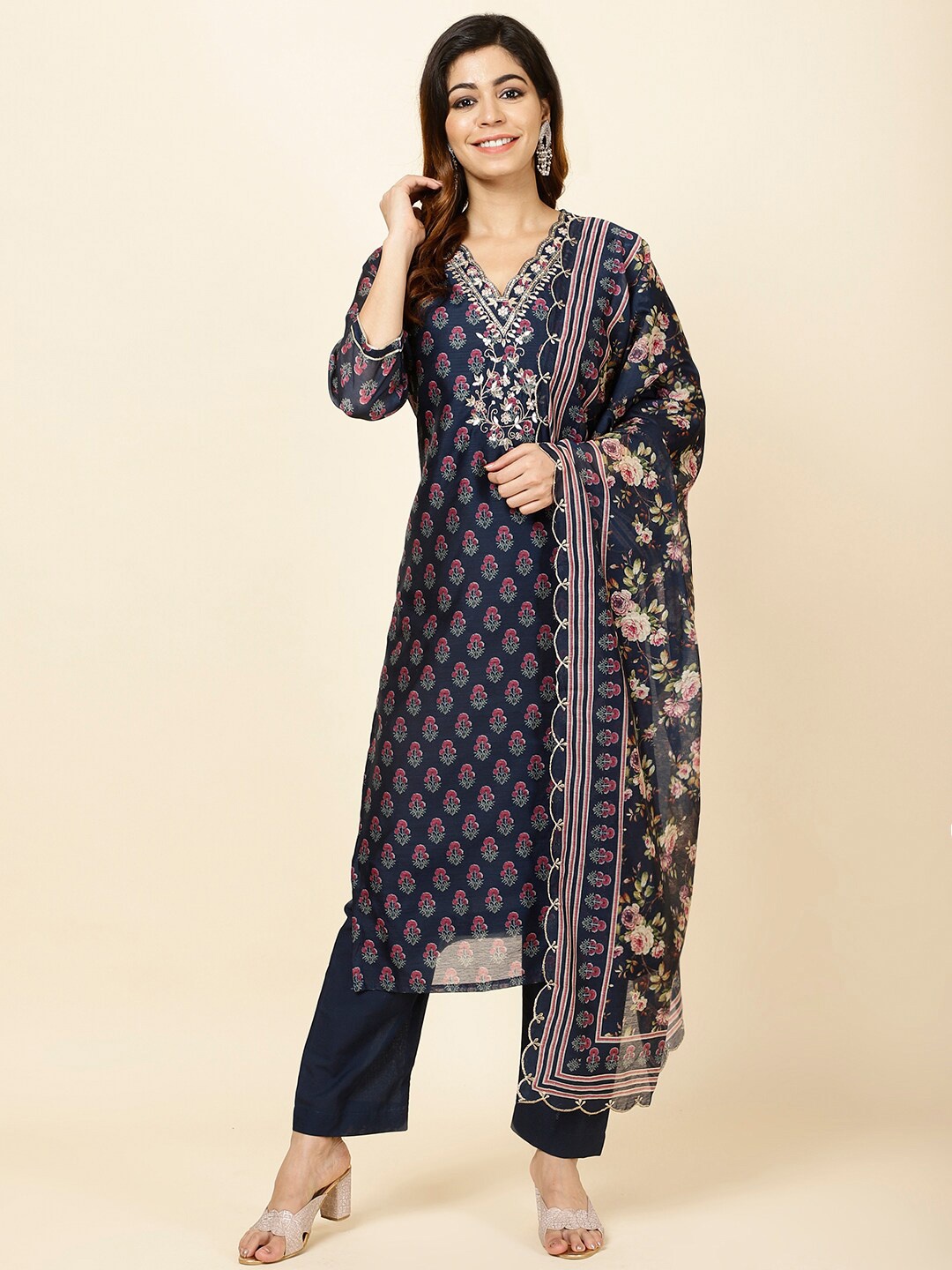 

Meena Bazaar Floral Printed Zari Kurta with Trousers & With Dupatta, Navy blue