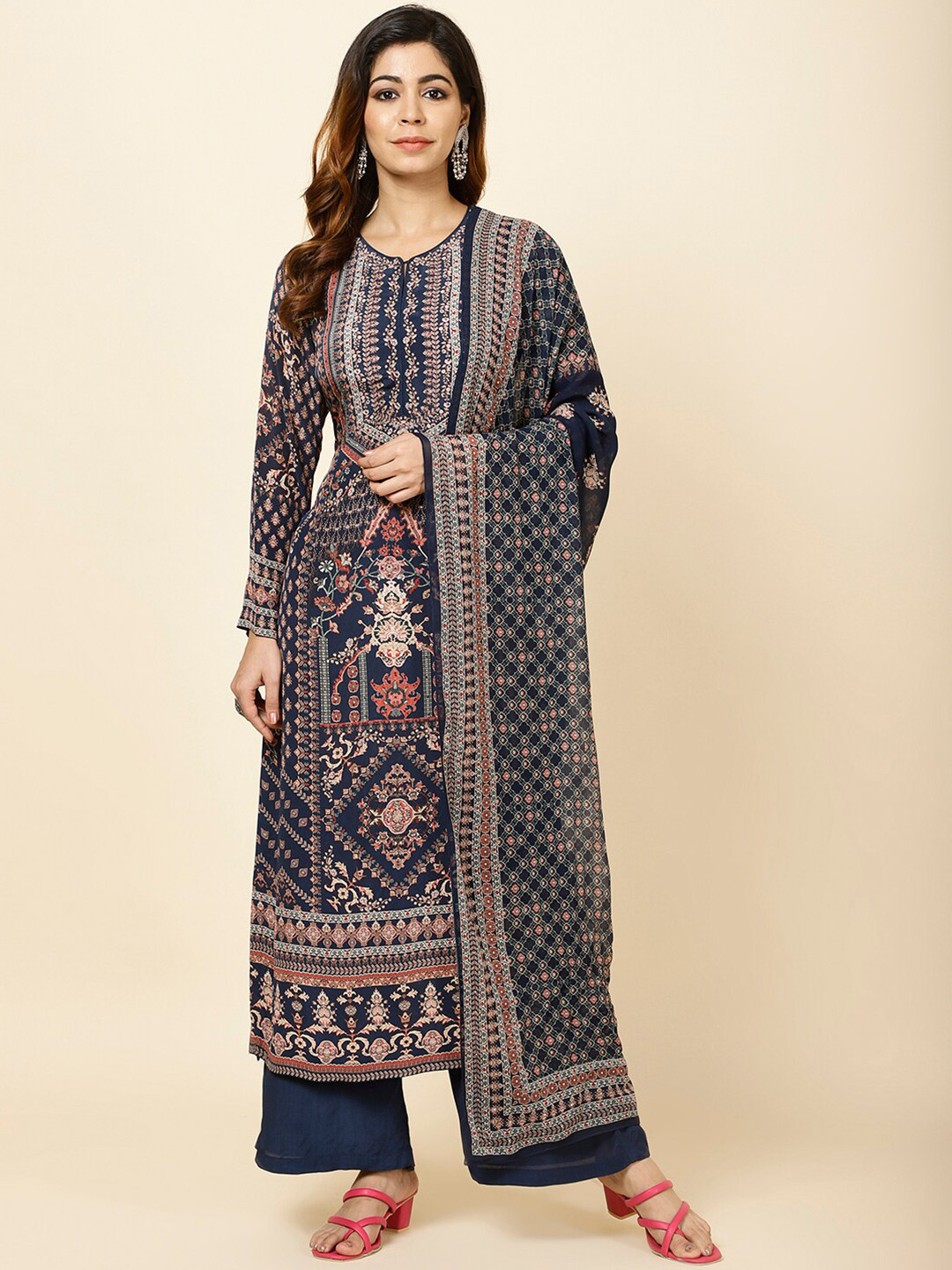 

Meena Bazaar Ethnic Motifs Printed Kurta With Palazzos & Dupatta, Navy blue