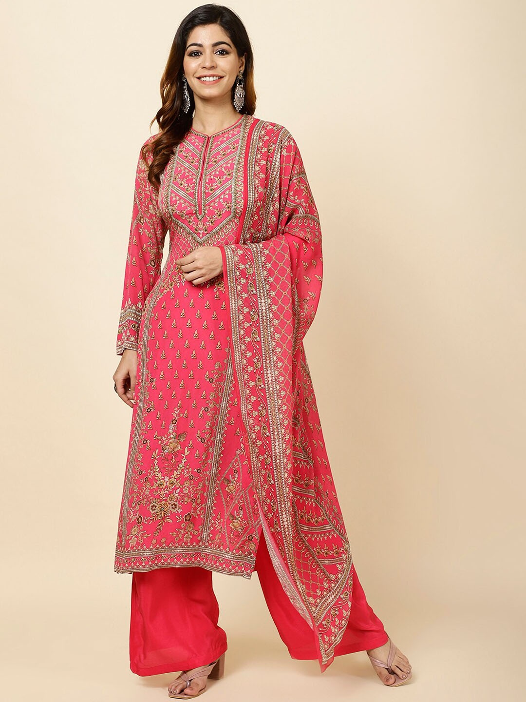 

Meena Bazaar Ethnic Motifs Printed Kurta With Palazzos & Dupatta, Pink