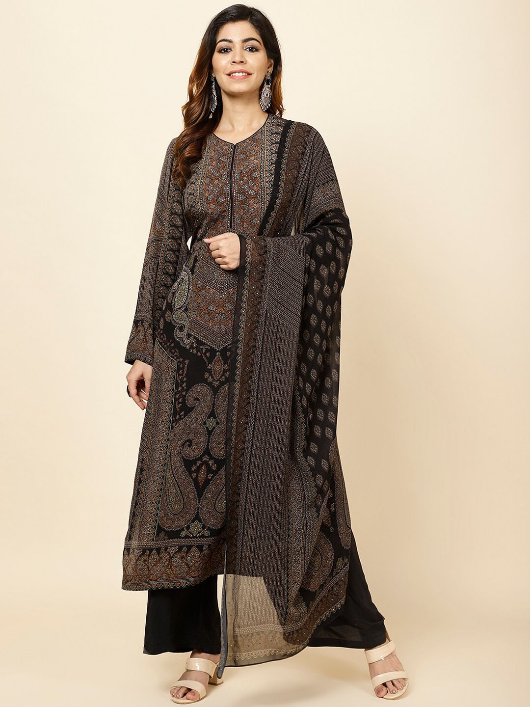 

Meena Bazaar Ethnic Motifs Printed Kurta With Palazzos & Dupatta, Black