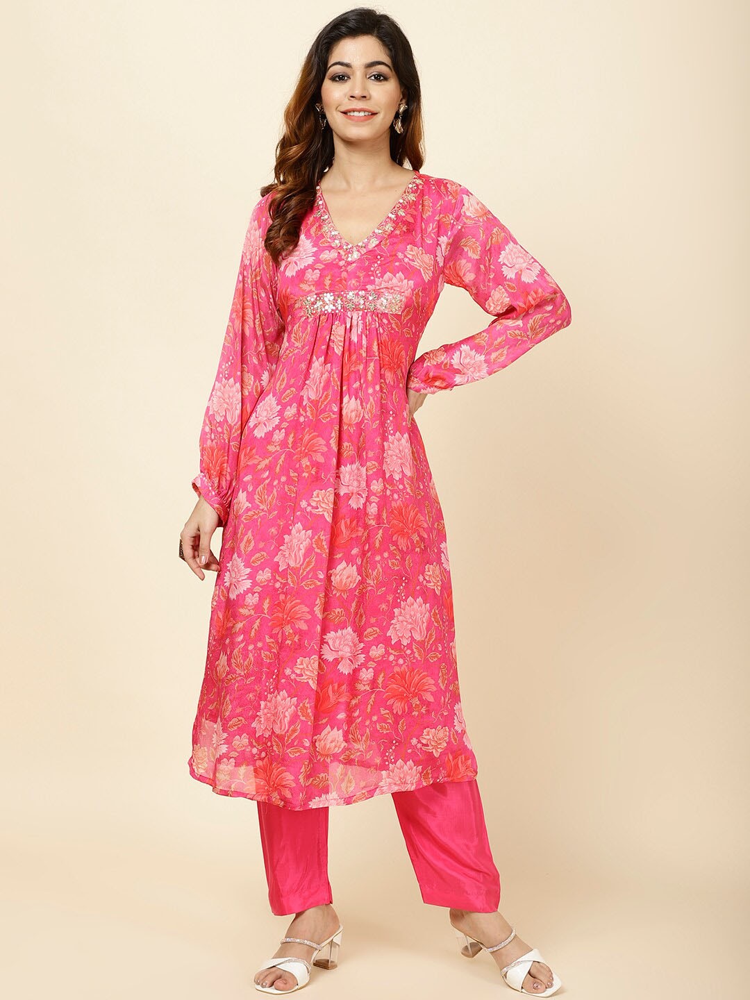 

Meena Bazaar Floral Printed V-Neck A-Line Kurta With Trousers, Pink