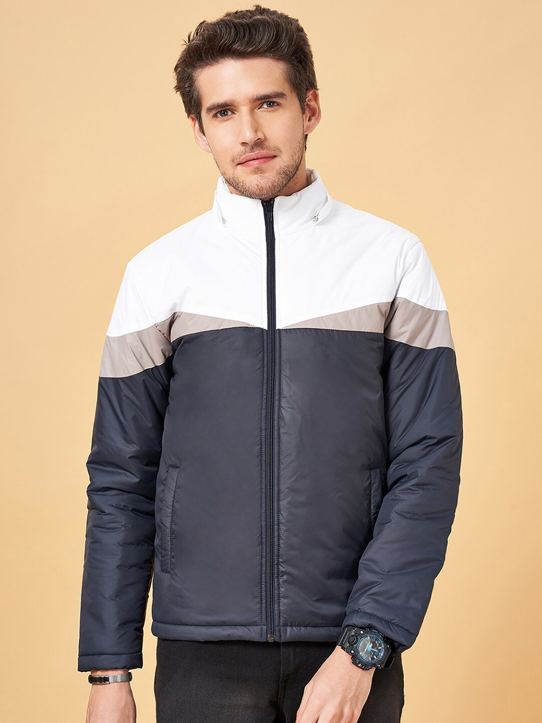 

YU by Pantaloons Colourblocked Hooded Bomber Jacket, Navy blue