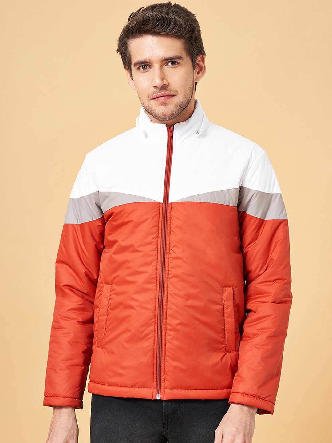 YU by Pantaloons Colourblocked Hooded Bomber Jacket, Rust