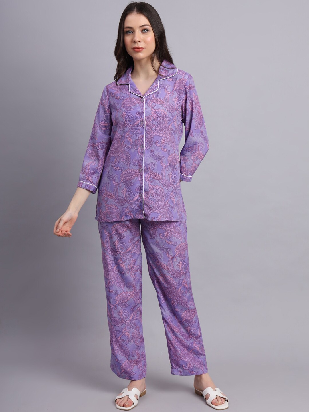 

ESSQUE Ethnic Motifs Printed Notched Lapel Collar Shirt With Trousers, Lavender