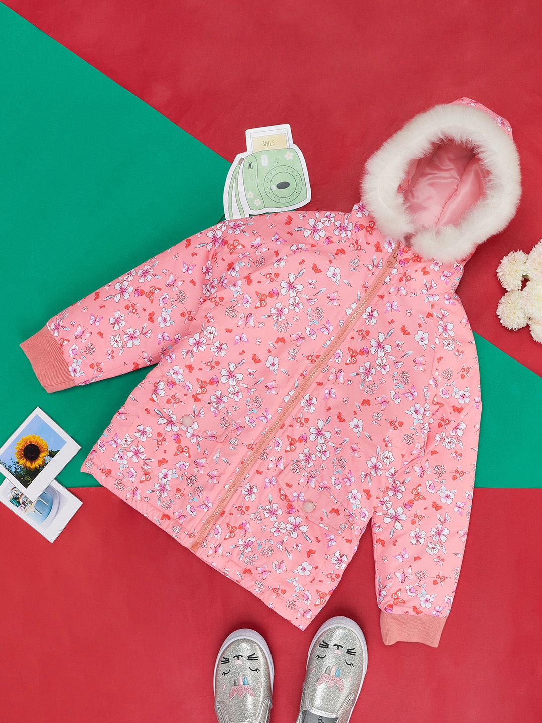 

YU by Pantaloons Girls Floral Printed Woven Fur Longline Padded Jacket, Peach