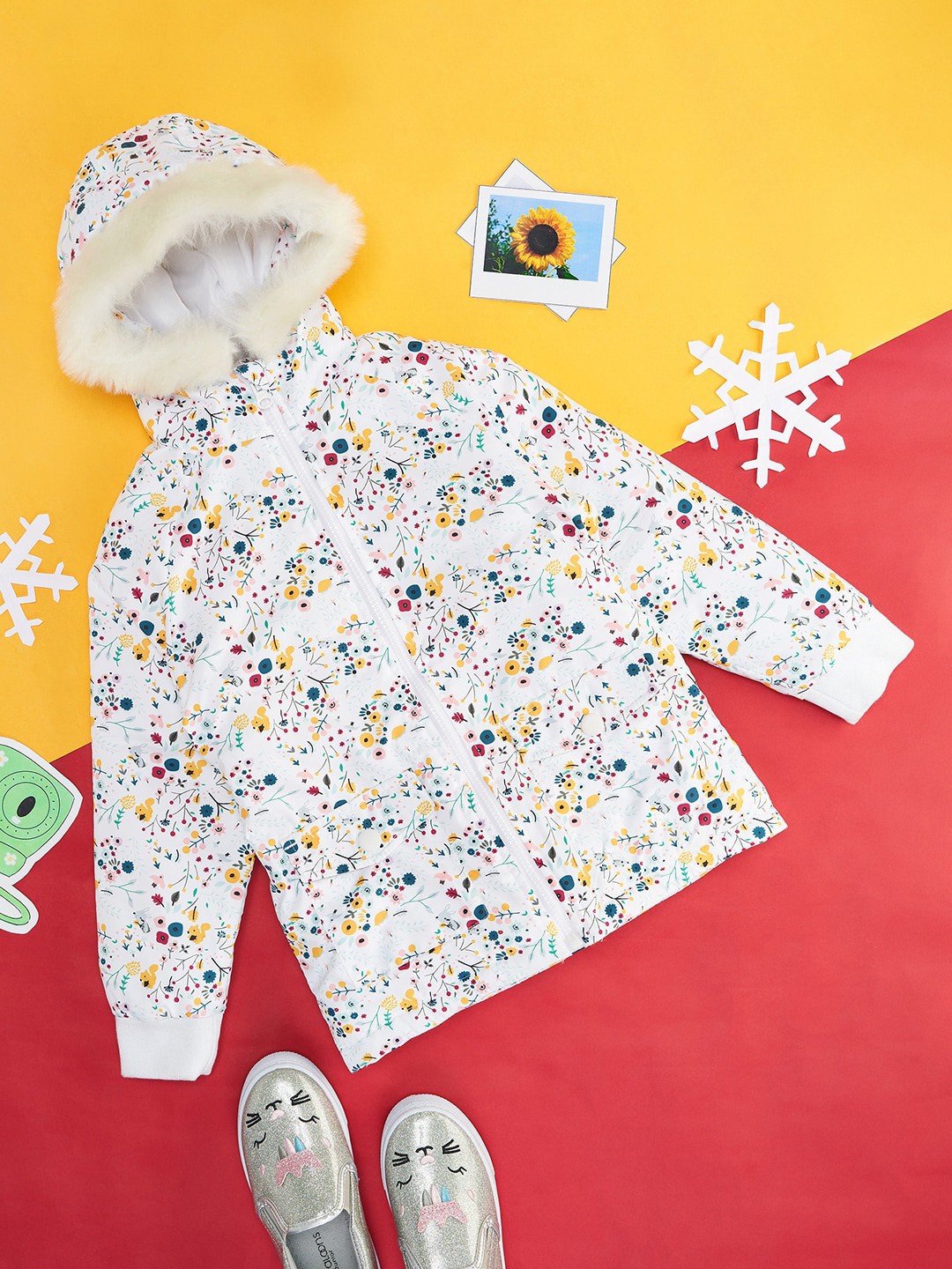 

YU by Pantaloons Girls Floral Printed Woven Fur Longline Padded Jacket, Off white