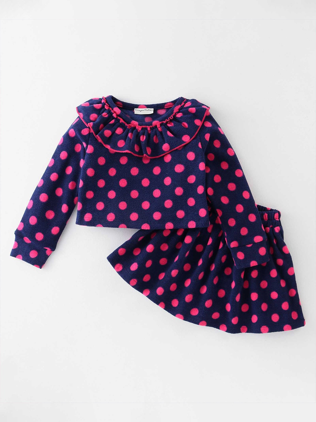 

CrayonFlakes Girls Polka Dots Printed Fleece Top With Skirt, Navy blue