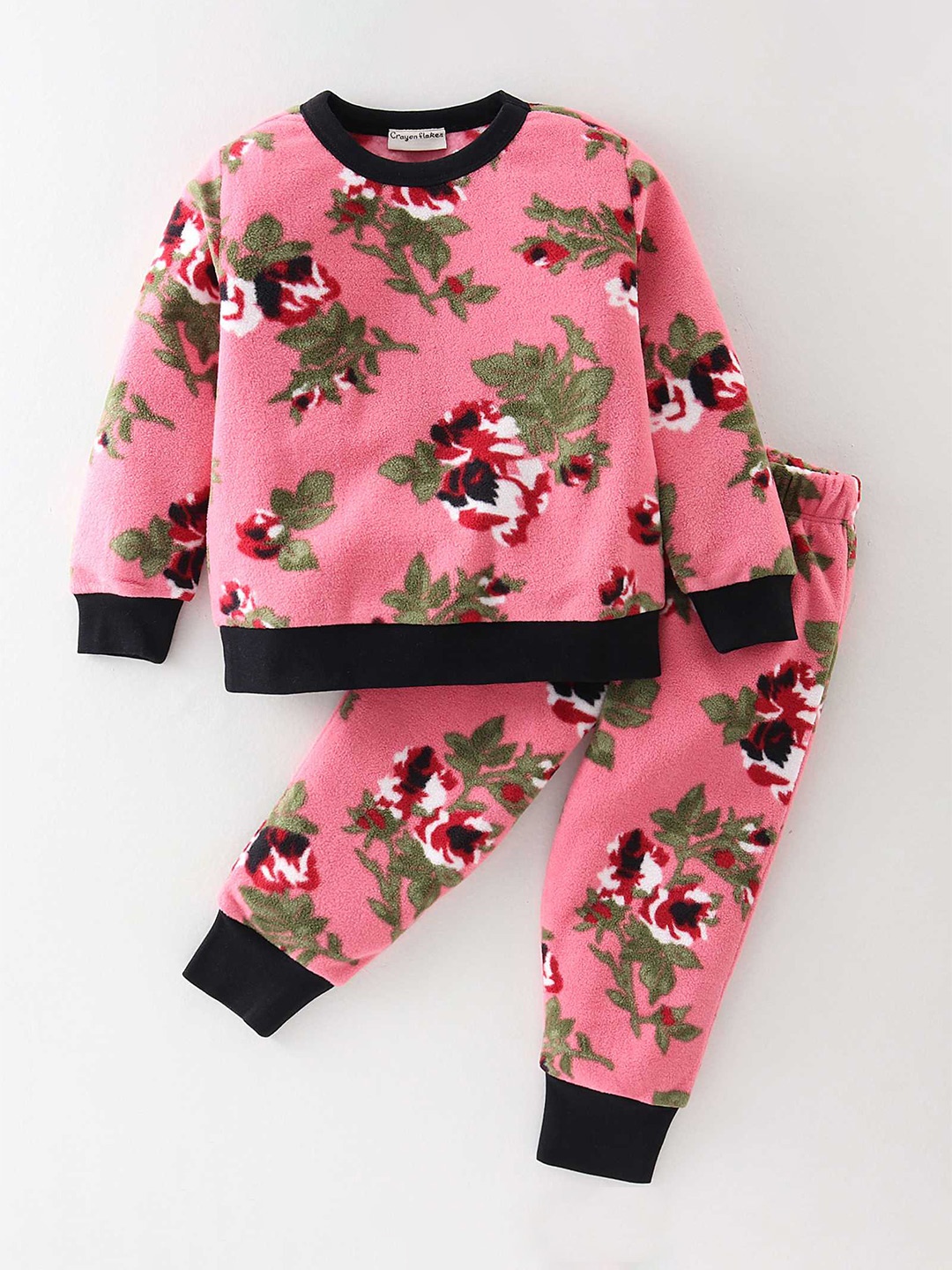 

CrayonFlakes Girls Floral Printed Fleece Sweatshirt & Joggers, Pink