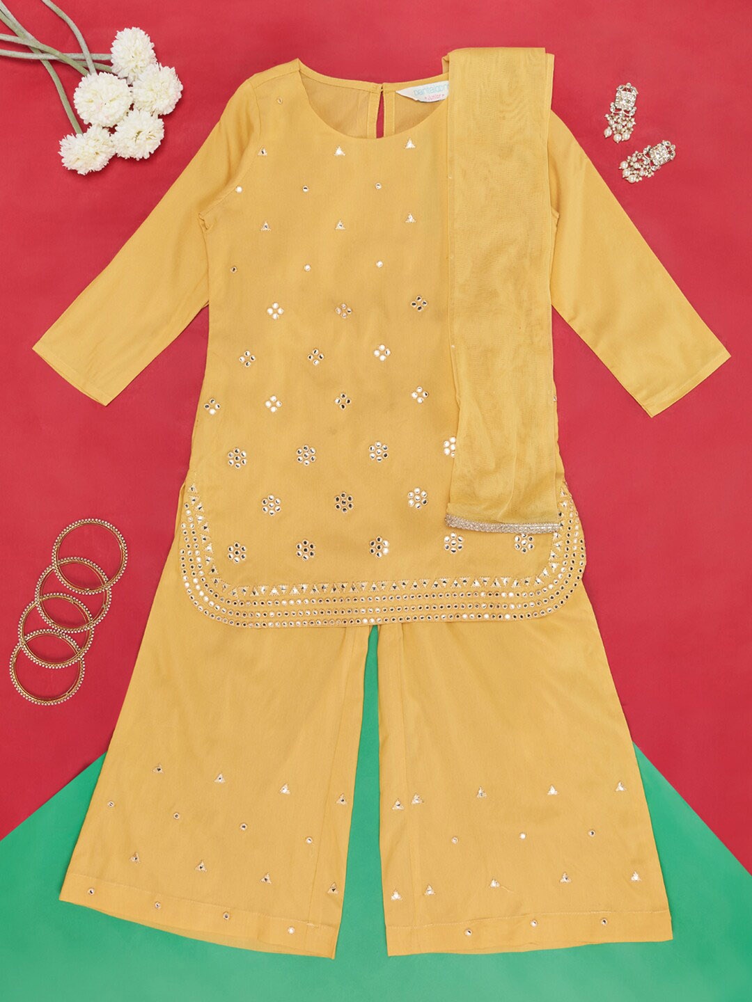 

AKKRITI BY PANTALOONS Girls Embroidered Mirror Work Kurta with Palazzos & Dupatta, Yellow