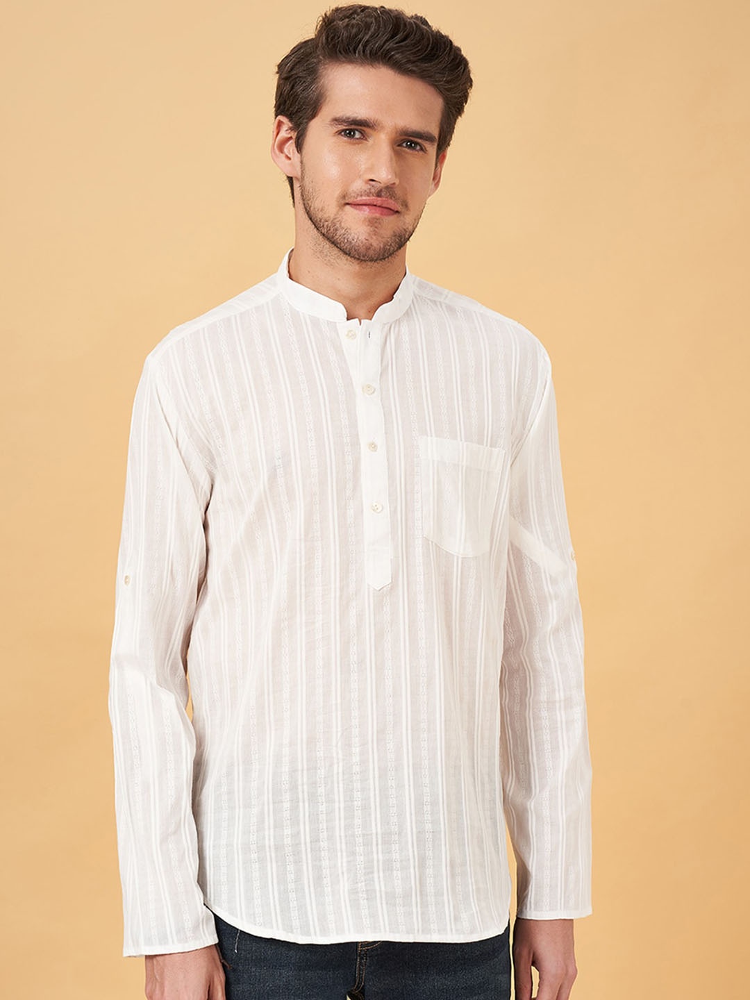 indus route by Pantaloons Woven Design Roll-Up Sleeves Cotton Straight Kurta, Off white