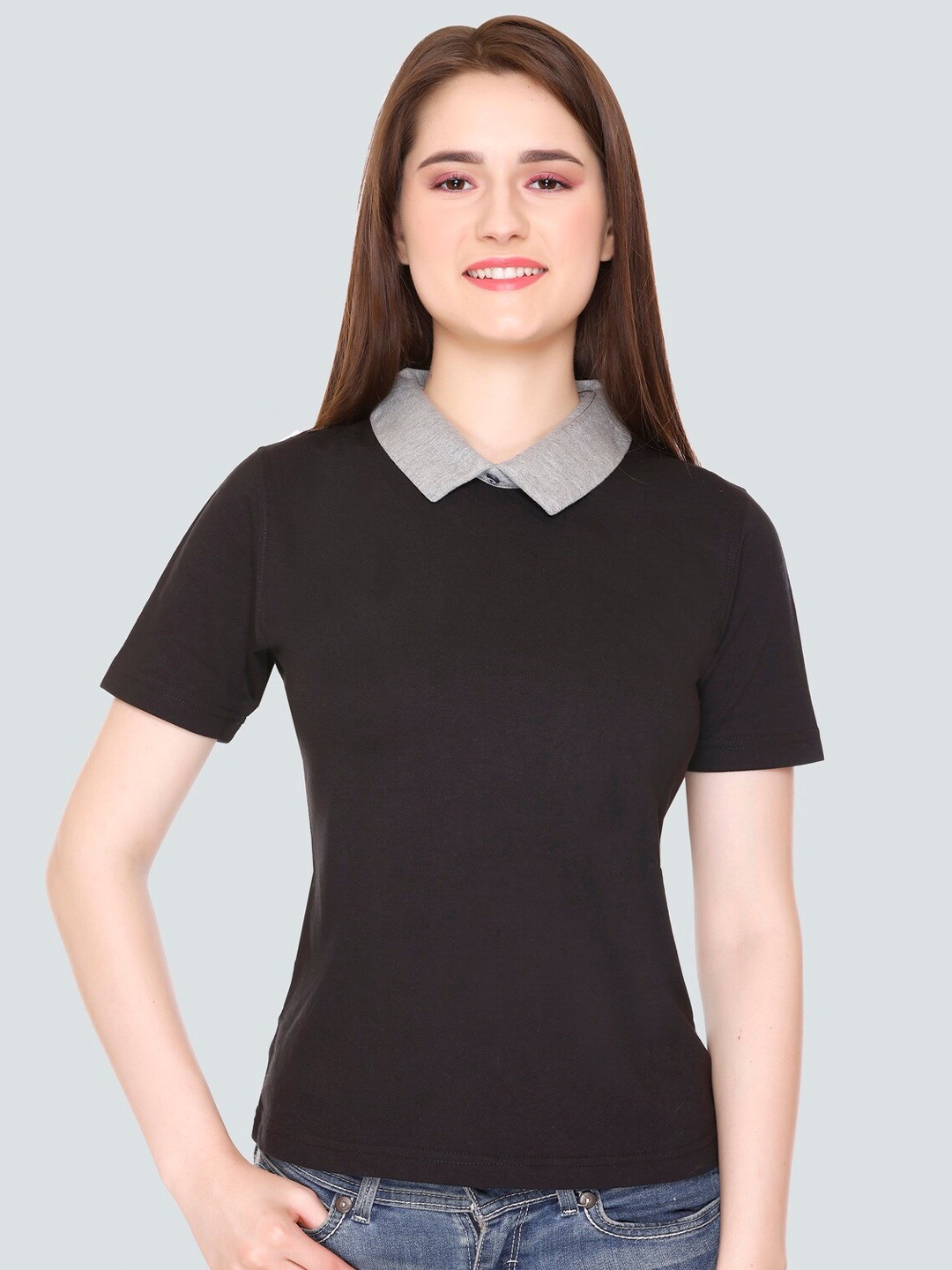 

BAESD Shirt Collar Short Sleeves Top, Black