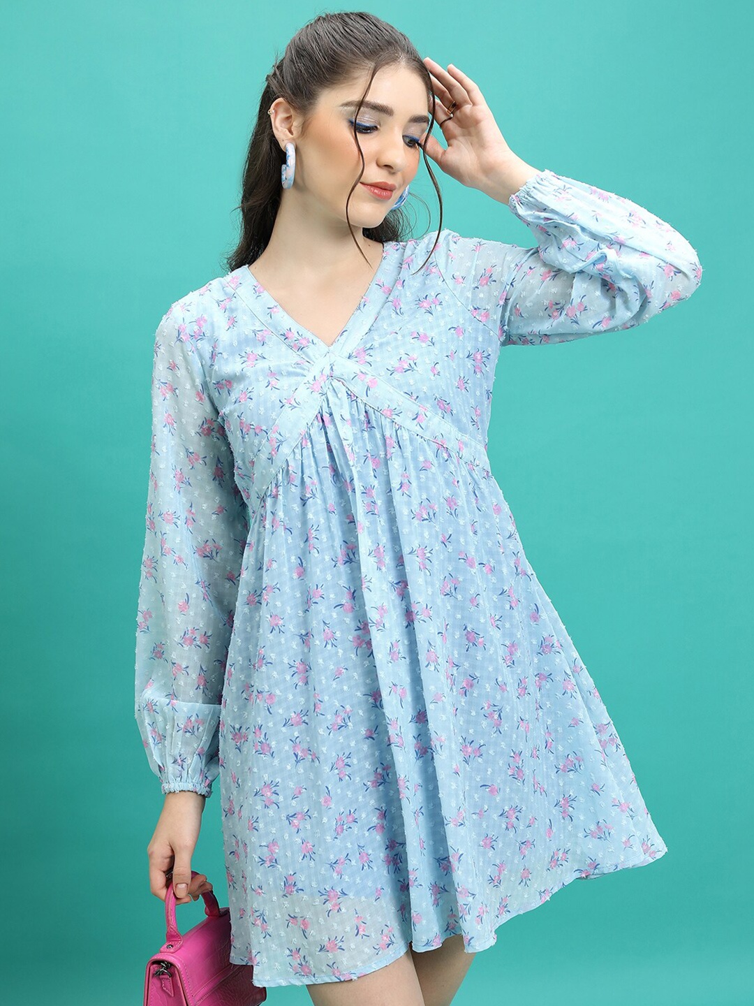 Tokyo Talkies V-Neck Floral Printed Puff Sleeves Empire Dress, Blue