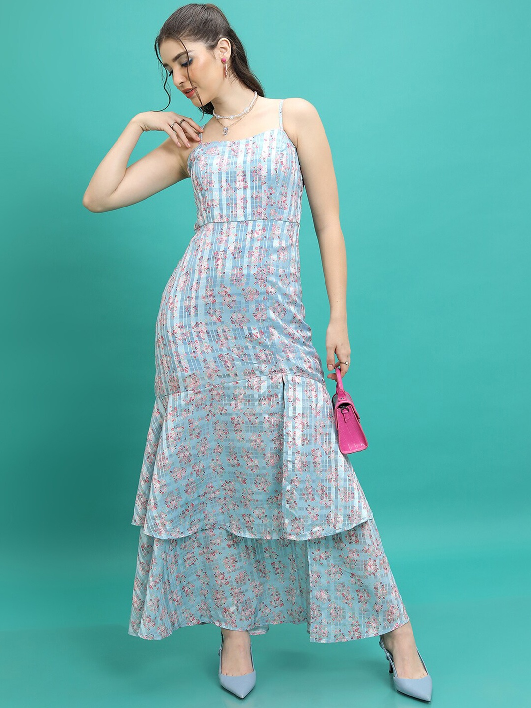 

Tokyo Talkies Blue Floral Printed Shoulder Straps Ruffles Maxi Dress