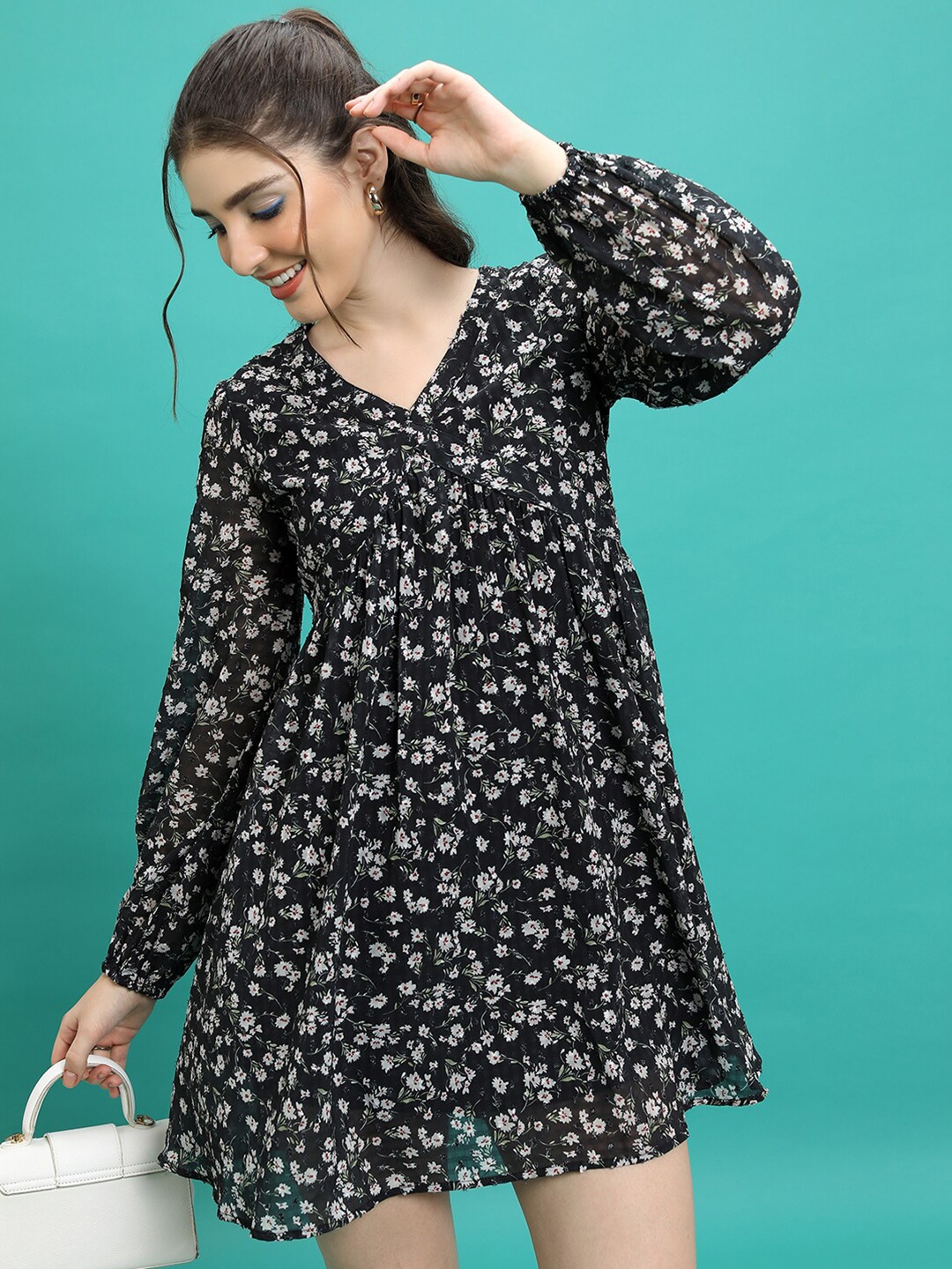 

Tokyo Talkies Black Floral Printed Puffed Sleeves Gathered or Pleated Empire Dress