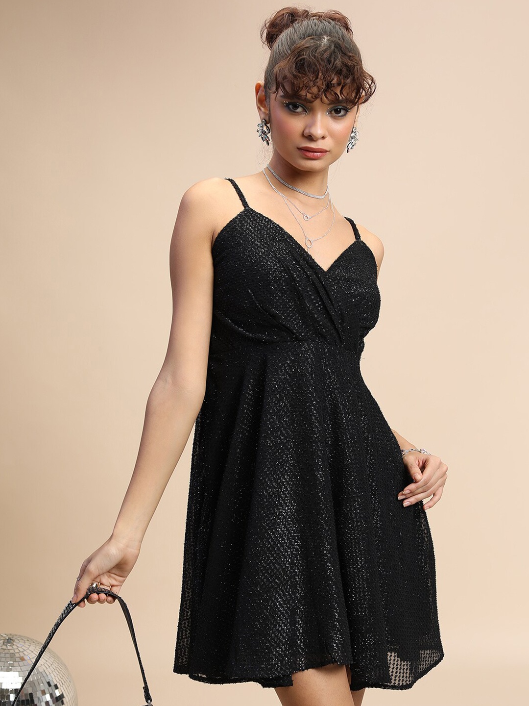 

Tokyo Talkies Black Self Design Shoulder Straps Fit & Flare Dress